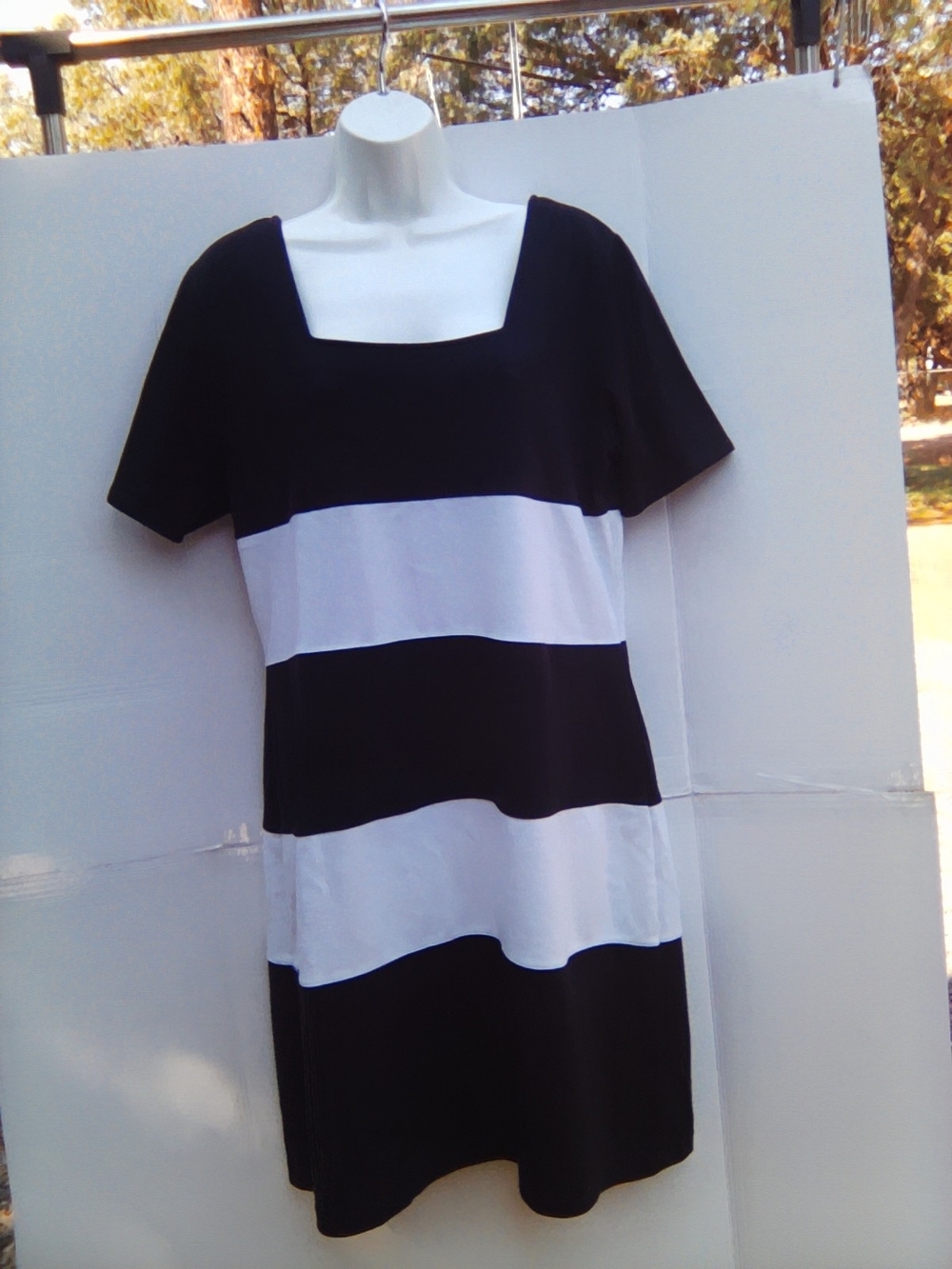 Black and White Striped Square-Neck Ladies Dress